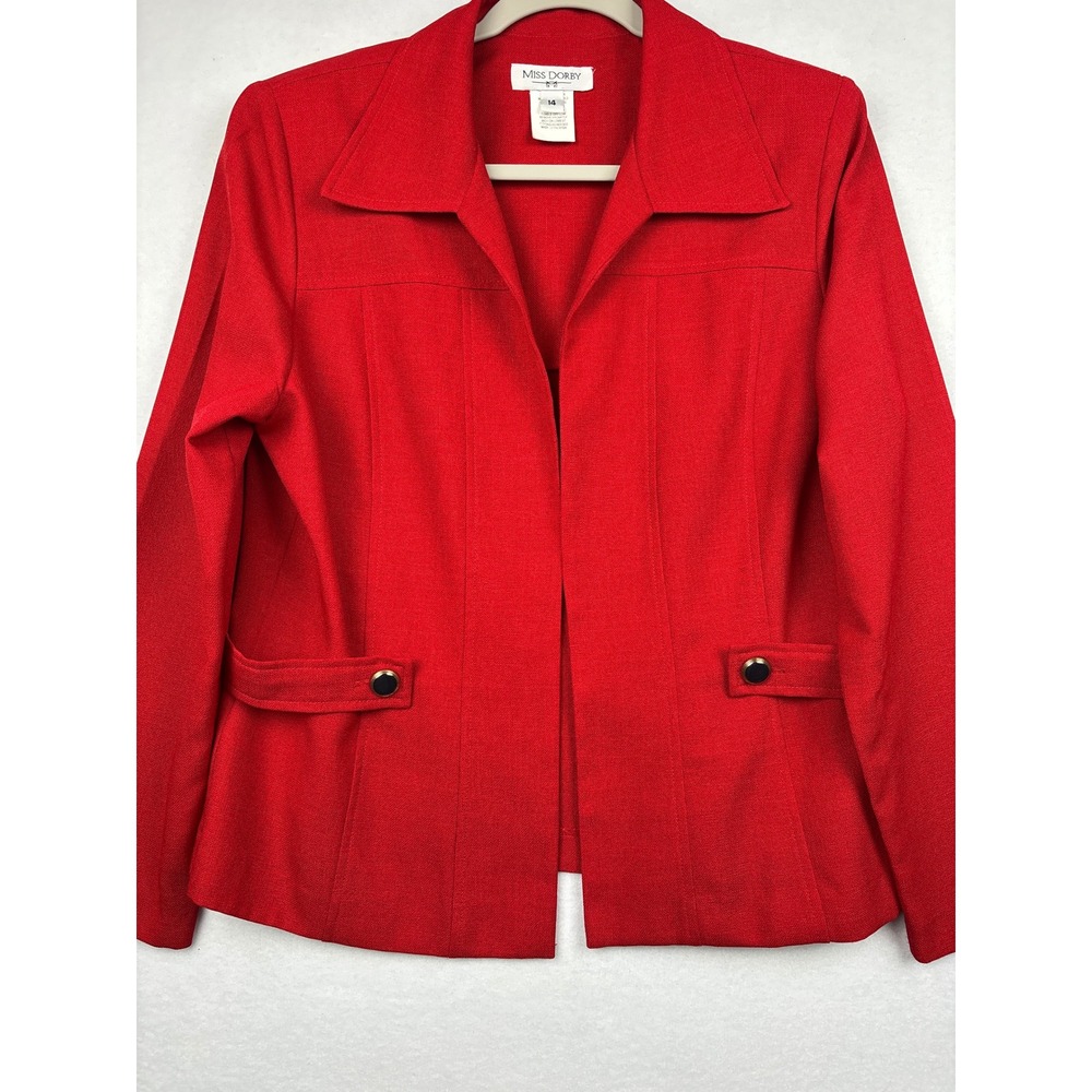 Miss Dorby Blazer Womens 14 Red Textured Open Front Button Tab Jacket
